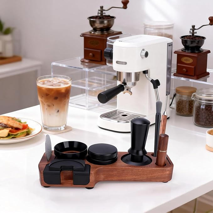 9 Pack Espresso Tamper Station&Coffee Distributor Tamper&Espresso WDT Stirrer&Coffee Tamping&Brush&Coffee Dosing Funnel&Espresso Puck Screen, Latte Art pen and Towel (58 mm)