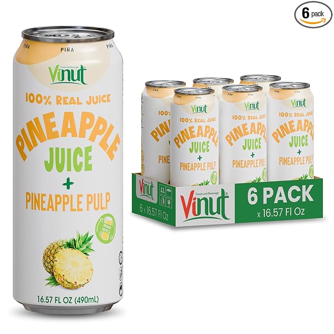 Vinut Natural Pineapple Juice Drink with Pulp, (16.57 fl oz, Pack of 6) - Real Pineapple Juice, No Sugar Added, Gluten Free, GMO-Free