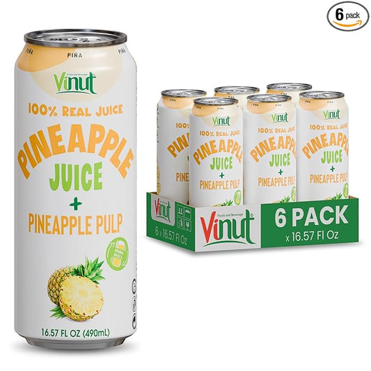 Vinut Natural Pineapple Juice Drink with Pulp, (16.57 fl oz, Pack of 6) - Real Pineapple Juice, No Sugar Added, Gluten Free, GMO-Free