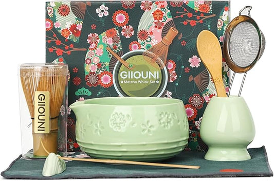 Matcha Whisk Set, Ceramic Bowl with Spout, Bamboo Matcha Whisk & Spoon, Chasen Holder, Scoop Rest, Sifter, 8-Pcs Japanese Ceremony Matcha Powder Kit–Happy New Year 2026 Gift for Women-Mint
