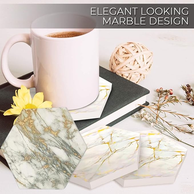 8 Pcs Coasters for Drinks Absorbent with Holder|Marble Design Ceramic Coaster Set| Super Absorbent Hot and Cold Drink Coasters| Table with Cork Bottom | Cup for Living Room，Gray Gold