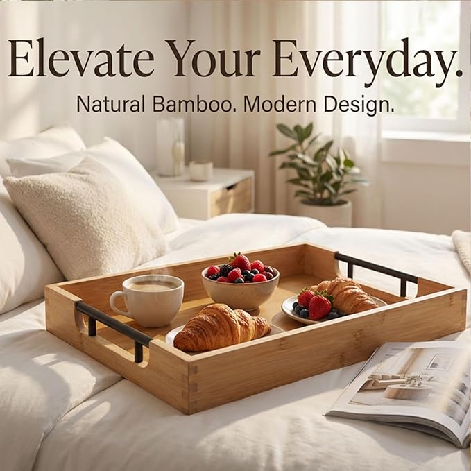 Krismax Wooden Serving Tray with Handles, Serving Platter 15.7x11.4 Inch Food Drinks Tray for Coffee Table,Decorative Storage Tray for Entertaining, Breakfast Tray in Bed,Lunch,Dinner,BBQ(Bamboo)