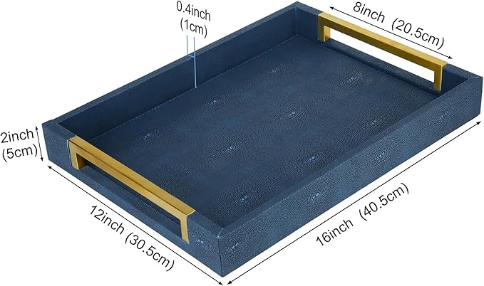 HofferRuffer Faux Leather Serving Tray with Gold Metal Handles, Stylish Decorative Tray Organizer for Coffee Table, Ottoman, Home Decor and Serving (Blue Shagreen, 16.2" x 12.2" x 2")
