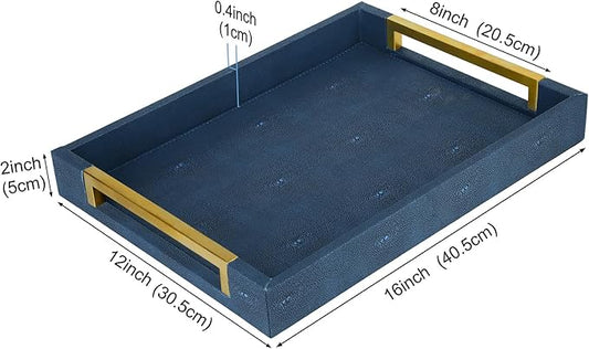 HofferRuffer Faux Leather Serving Tray with Gold Metal Handles, Stylish Decorative Tray Organizer for Coffee Table, Ottoman, Home Decor and Serving (Blue Shagreen, 16.2" x 12.2" x 2")