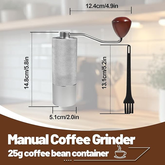 Manual Coffee Grinder Non-Detachable Stainless Steel Conical Burr Aluminum Coffee Bean Grinder with 25 Grinding Settings Cleaning Brush Grindable Espresso Moka Pot French Press for Camping Silver