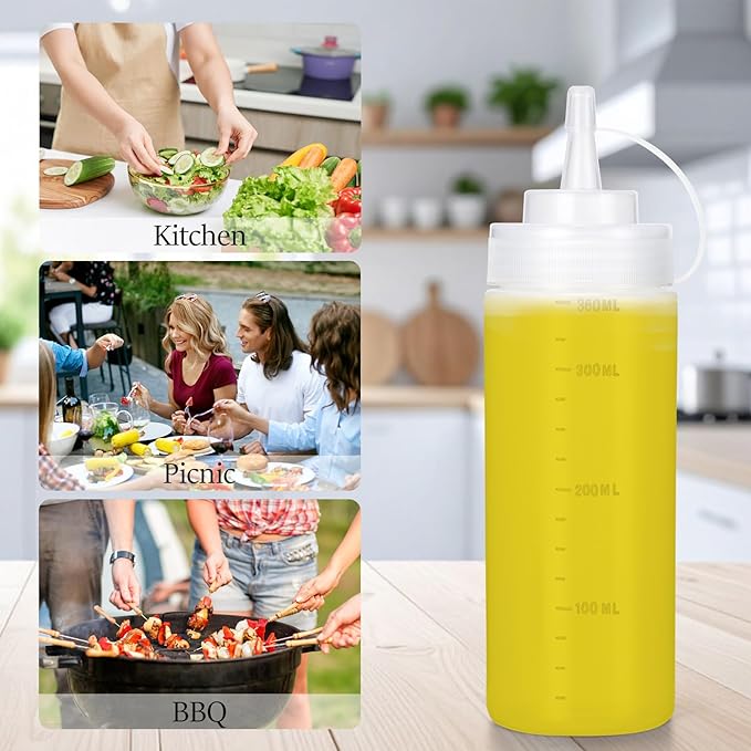 Katfort Condiment Squeeze Bottles Ketchup Dispenser, 4 Pack 12oz Squeeze Bottles for Liquids, Plastic Sauce Bottle with Cap Lid, Squirt Bottles for Sauces Liquids BBQ Dressing Pancake Art