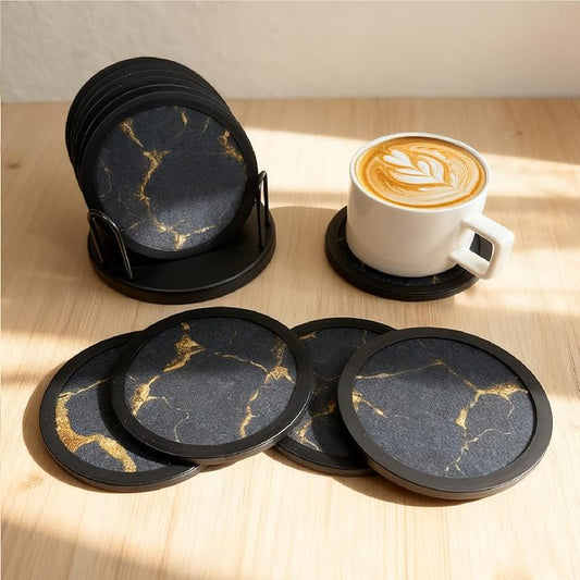 Set of 6 Non-Slip Silicone Coasters with Holder, Double-Sided Absorbent for Hot/Cold Drinks, Scratch & Water Ring Protection for Wood Tables, Home Office Bar, Black Gold Marble (Black Gold Pattern)