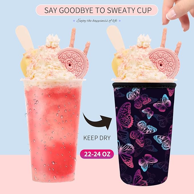 Reusable Neoprene Insulator Sleeve for Iced Coffee Cups, Medium 22-28oz Durable Drink Sleeve for Cold Beverages, Cute Beverage Holder Cup Sleeve for Women Men Cute Purple Butterfly