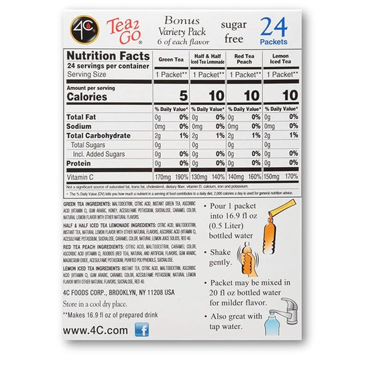 4C Powder Drink Mix Packets, Iced Tea Variety 1 Pack, 24 Count, Singles Stix On the Go, Refreshing Sugar Free Water Flavorings