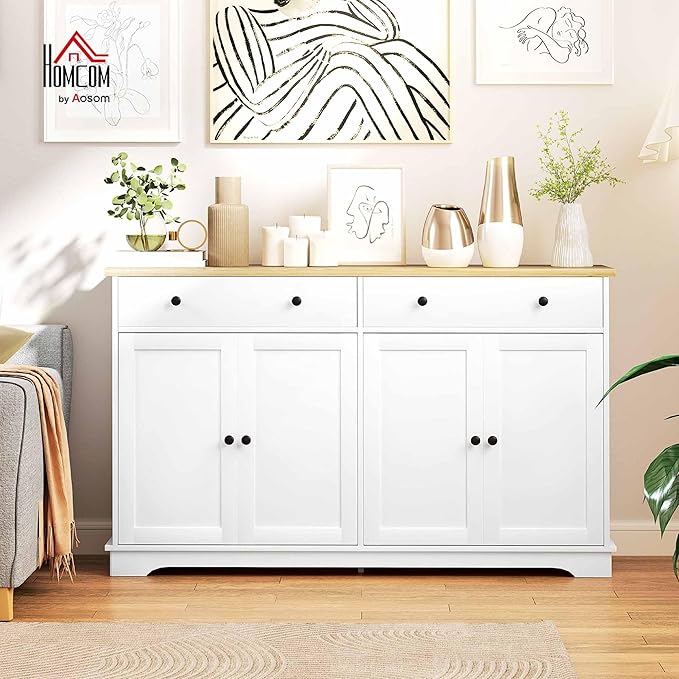 HOMCOM Sideboard Buffet Cabinet with Storage, 55" Modern Kitchen Cabinet with 4 Doors, 2 Drawers and 2 Adjustable Shelves, Coffee Bar Cabinet, White