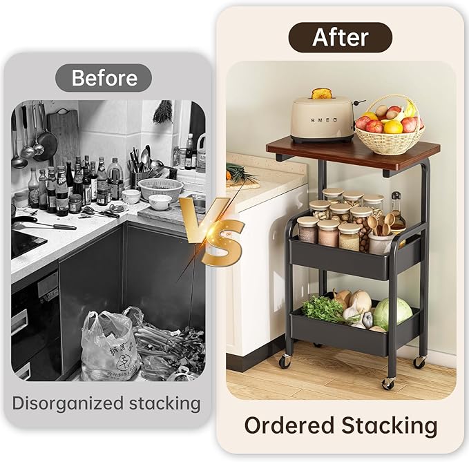 3 Tier Metal Rolling Utility Cart Organizer with Walnut Table Top, Stable and Sturdy Rolling Storage Carts with 2 Lockable Wheels for Kitchen，Bathroom，Snacks，Coffee，Craft，Makeup，Baby Essentials