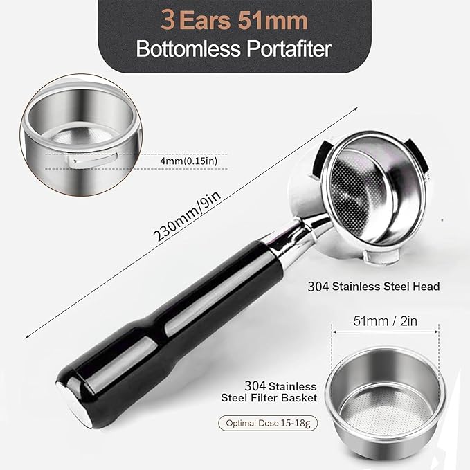 51mm Bottomless Portafilter Compatible for Cappuccino Machine and Mr.Coffee Espresso,CASABREWS Espresso Machine (CM5418, 3700 series),3 ears with Prongs Thickness 4mm Comes with filter basket