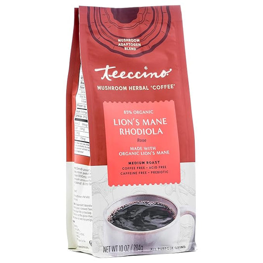 Teeccino Lion’s Mane Rhodiola Coffee Alternative - Rose - Adaptogenic Herbal Mushroom Coffee, Medium Roast, Caffeine Free, Prebiotic, Acid Free, All-Purpose Grind - 10 Oz