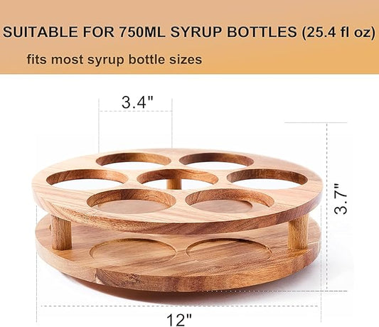 Acacia Wood Rotating Coffee Syrup Organizer, 7 Bottle Coffee Syrup Rack Organizer for Countertop, Turntable Bottle Holder for Coffee Bar Station
