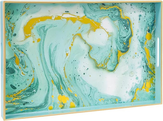 MAONAME Turquoise Serving Tray with Handles, Plastic Decorative Tray for Coffee Table, Marbling Rectangular Tray for Bathroom, Ottoman, Storage, 15.7" Lx 10.2" W X 1.57" H
