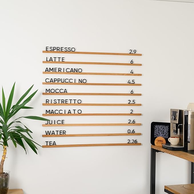 Inko Horeca Wooden Wall Letter Board - Set of 10 Oak Rails + 400 Changeable Black Letters - Floating Wall Menu Display Shelf for Cafe, Bar, Kitchen, and Home Decor