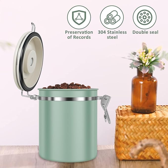 4PCS Coffee Storage Canister 1.5L 51OZ Double Airtight Coffee Beans Container with Date Locator 304 Stainless Steel Kitchen Food Storage Container with Spoon For Coffee Beans Grounds Tea Sugar