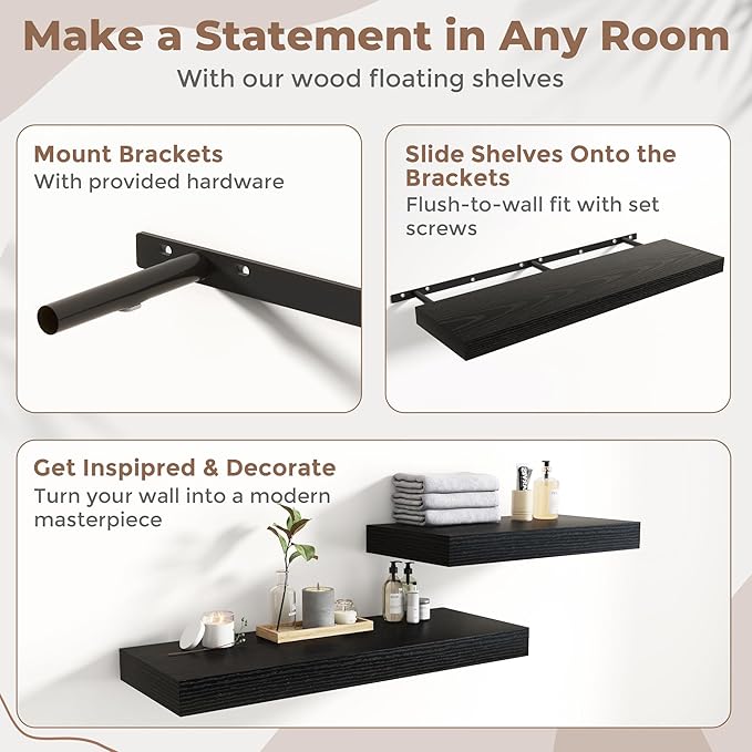 Marsmiles 12" Deep Floating Shelves for Wall with Invisible Brackets, Wall Mounted Engineered Wood Shelves with Wood Grain for Living Room, Bedroom, Kitchen Decor and Storage, 72" L Set of 1, Black