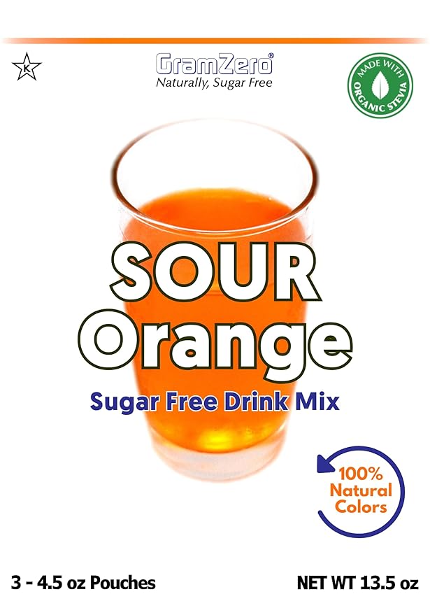 GramZero Sour Orange Zero Calorie Sugar Free Drink Mix, Great For Nutrition Club Loaded Tea, Stevia Sweetened