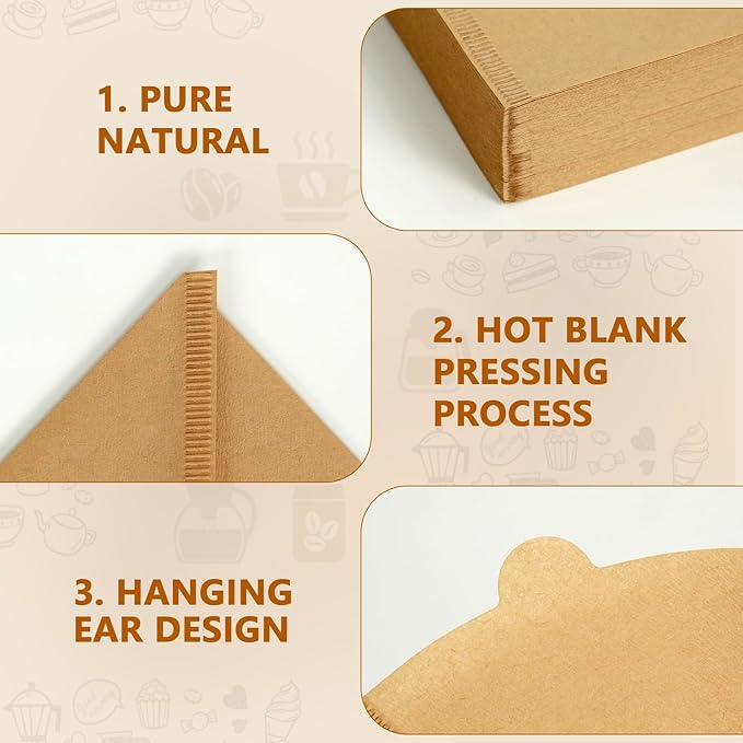EASTYLIF Disposable Cone Coffee Filters V02-200 Count Unbleached Natural Brown Paper Filters, 2-4 Cup Pour Over & Drip Coffee Makers, Compatible with Conical/V-Shaped Drippers