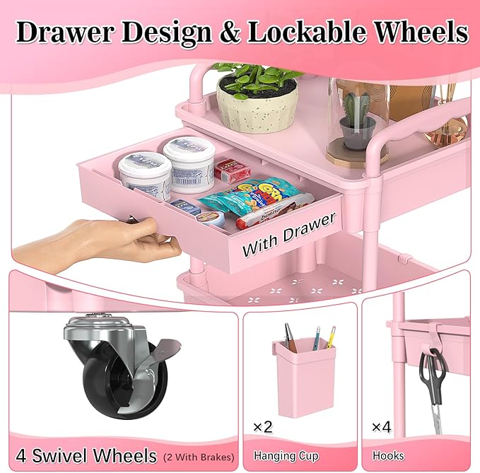 3 Tier Rolling Cart with Drawer, Bathroom Storage Organizer with 2 Lockable Wheels, Multifunctional Rolling Storage Cart for Bathroom, Kitchen, Office, Craft, Makeup, Baby Essentials, Pink