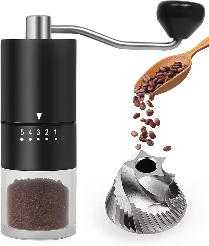 Stainless steel Burr Manual Coffee Grinder for Drip French Press,5 Adjustable Settings,Hand Coffee Grinder,For Home Use and Camping,Coffee Bean Grinders With Hand Crank (Stainless steel Burr-Black)