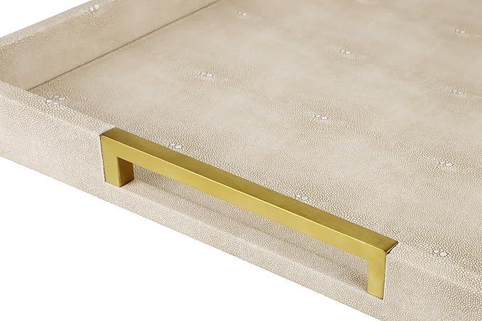 HofferRuffer Faux Leather Serving Tray with Gold Metal Handles, Stylish Decorative Tray Organizer for Coffee Table, Ottoman, Home Decor and Serving (LightGrey Shagreen, 18.9" x 18.9" x 2")