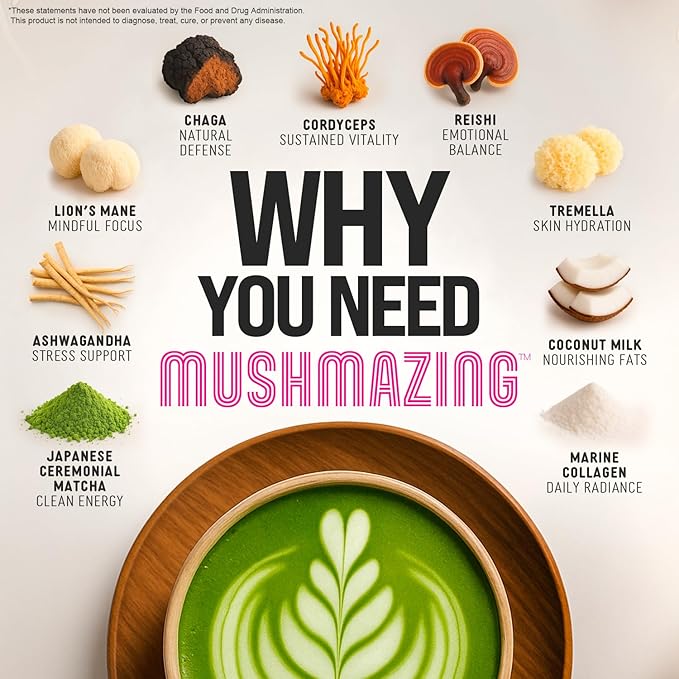 Mushroom Matcha + Lion’s Mane, Ashwagandha, Collagen - Focus, Energy & Immune Support - 30 Servings of Adaptogen Superfood Blend for All Day Coffee Alternative