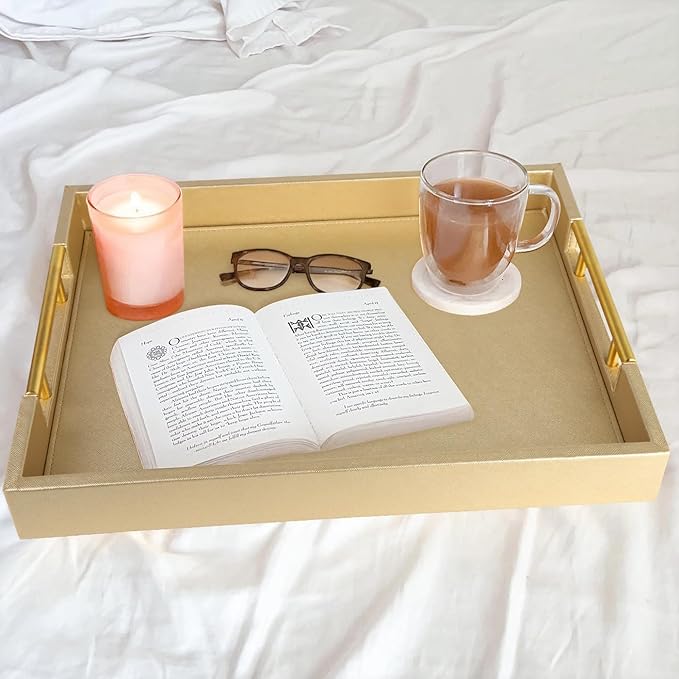 HofferRuffer Faux Leather Serving Tray with Gold Metal Handles, Stylish Decorative Tray Organizer for Coffee Table, Ottoman, Home Decor and Serving (Gold, 16.2" x 12.2" x 2")