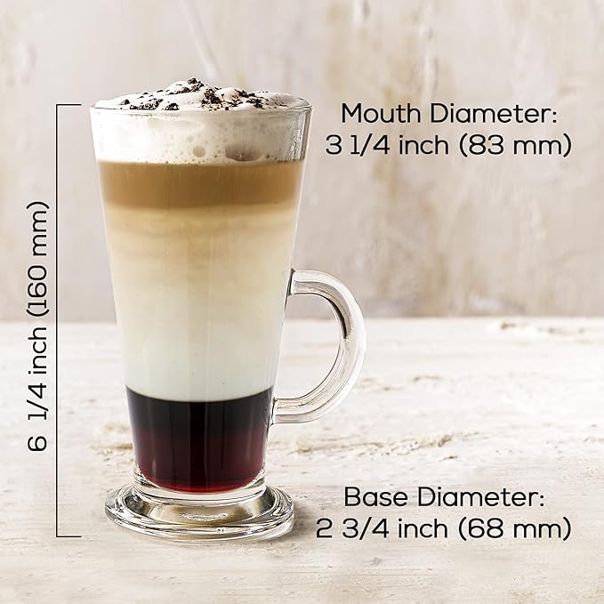 Crystalia Tall Irish Coffee Mugs with Handle, Large Colombian Glasses Set of 2, Tall Funnel Clear Glasses for Iced Coffee, Latte, Cappuccino, and Hot Chocolate, Big Plain Glass (Large 12 oz)