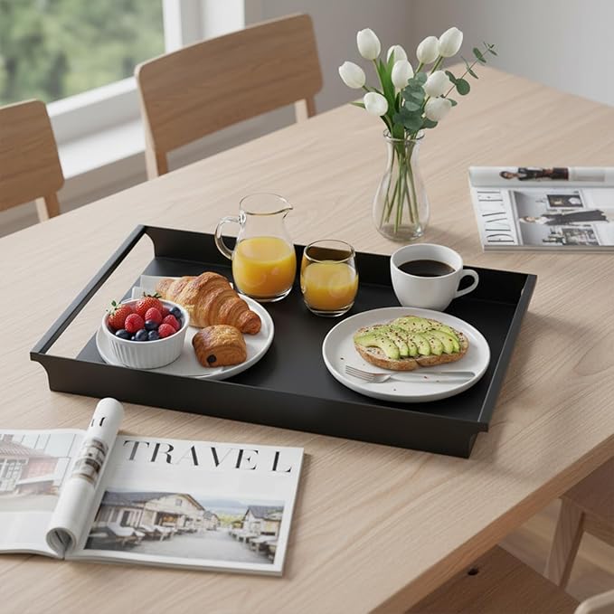 MyGift Black Metal Serving Tray with Handles - Decorative Coffee Table Tray for Ottoman, Vintage Matte Finish Vanity Tray, Trays for Coffee Table