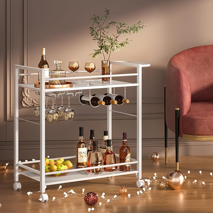 Bar Cart,Home Bar Serving Cart with Storage Shelves, 2 Tier Rolling Beverage Cart with Wheels, Modern Elegant White Wine Cart with Wine Rack and Glass Holder for Kitchen, Dinning Room,Living Room