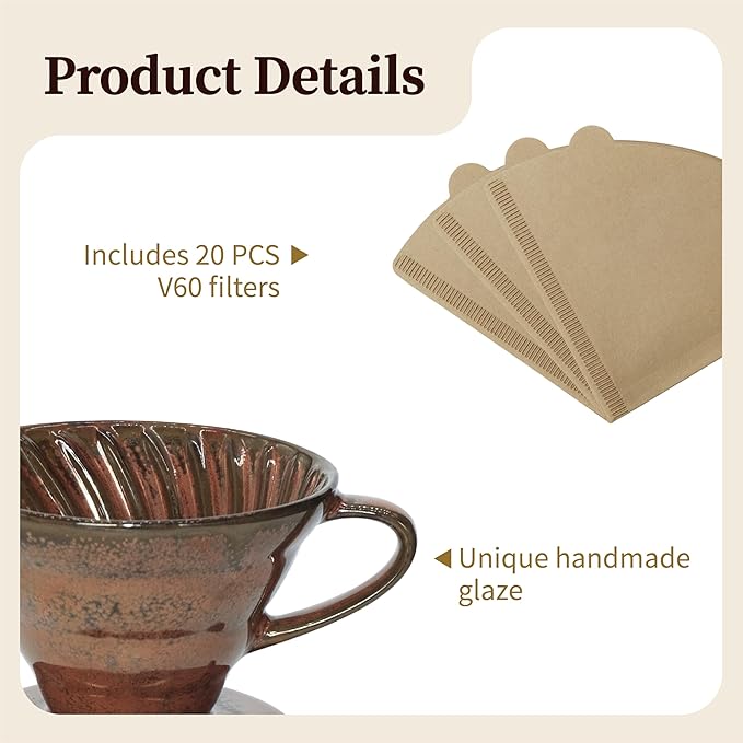 Vintage Ceramic Pour Over Coffee Maker with V60-Style Dripper and 40 Paper Filters (Red)
