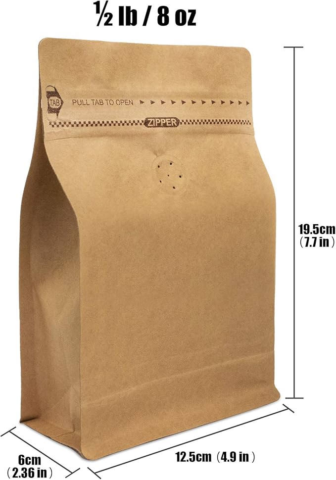 Natural Kraft Coffee Pouches, Resealable Coffee Bag with valve, Flat Bottom Pull Tab Zipper (100pcs, 8oz, 0.5lb, 227gram)