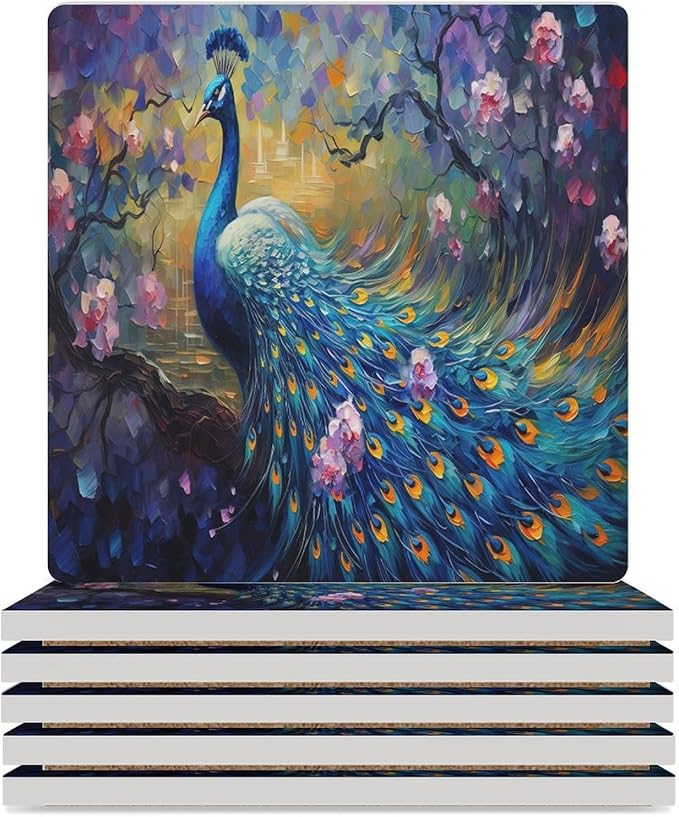 Square-6PCS Peacock Drink Coasters, Square Modern Ceramic Absorbent Coasters, Vintage Watercolor Style Floral Beautiful Blue Peacock Decor Desk Coffee Table Coaster for Beverage Cup Tea Coasters