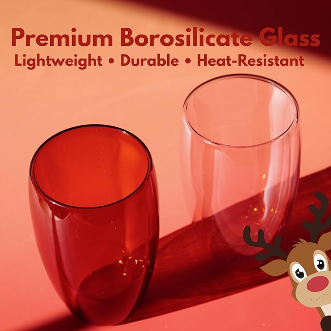 Double Wall Glass Cup 15oz Insulated Coffee Mug for Coffee Tasting Christmas Drinks Home Café Cozy Nights Holiday Gifts Set in Amber Brown/Rose Pink