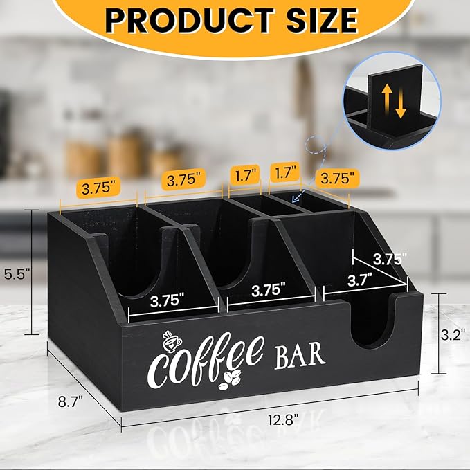 Rustic Coffee Bar Organizer - Wooden Coffee Pod Holder & Cup Storage Basket for Counter - K-Cup Sugar & Tea Condiment Organizer