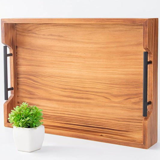 Wood Serving Tray with Handles, 17"x12" Rustic Wooden Trays Decorative Coffee Table Tray for Ottoman, Living Room Decor, Breakfast Food Trays in Bed, Kitchen Food Tray
