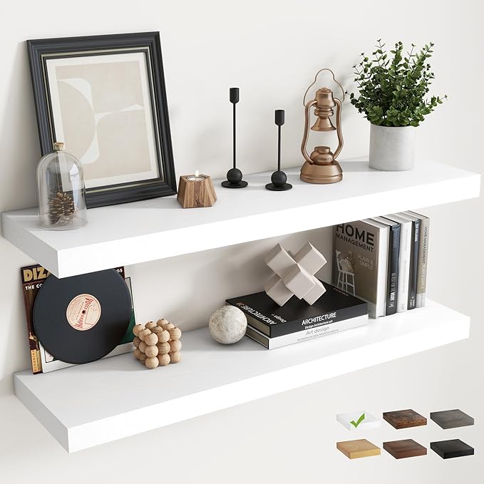 Floating Shelves for Wall with Invisible Brackets, Wall Mounted Engineered Wood Shelves with Wood Grain for Living Room, Bedroom, Bathroom, Kitchen Decor and Storage, Oak, 40"L Set of 2, White