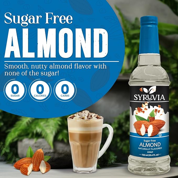 Syruvia Sugar Free Coffee Syrup, Almond Flavored Syrup for Drinks, Lattes, and Desserts – 25.4 fl oz, With Pump