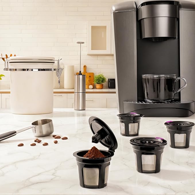 Reusable K Cups for Keurig K Elite, K Classic, K Compact, K Latte, K Duo and All 2.0 & 1.0 Coffee Makers, 4 Pack K Cup Coffee Filters - Black