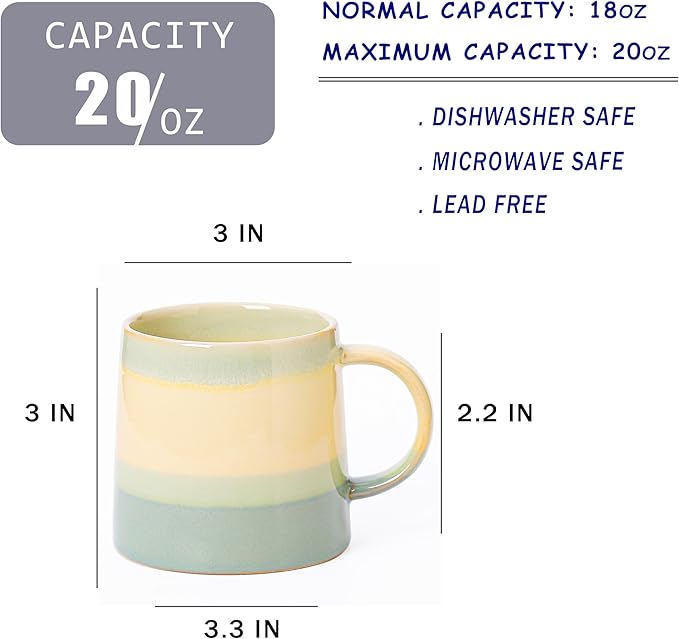 Mkour 20oz Large Ceramic Coffee Mugs, Handmade Cup, Big Tea Cups with Large Handle for Office and Home, Microwave and Dishwasher Safe (Grayish Blue)