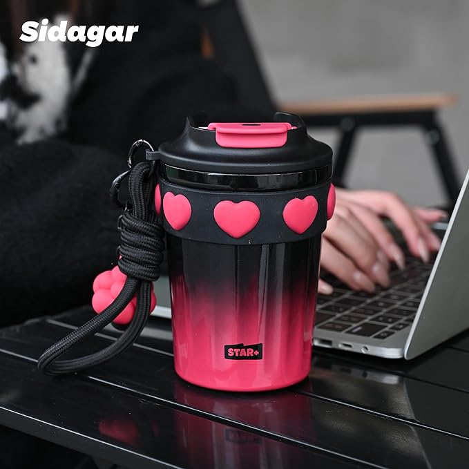 12 OZ Travel Coffee Mug with Lid Spill Proof Leak Proof, Stainless Steel Thermal Coffee Tumbler for Hot and Cold, Resuable Insulated Coffee Cup For Women, Black and Pink