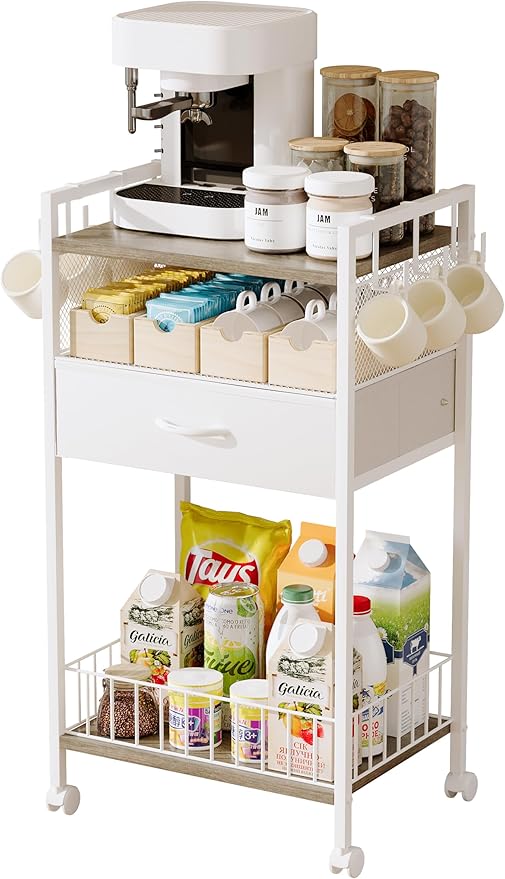 Small White Coffee Bar Cart with Drawer Storage,Office Coffee Bar Station Mug Cup Holder Stand, 3-Tier Coffee Table for Home Buffets & Sideboards for Kichen, Entryway, Living Room