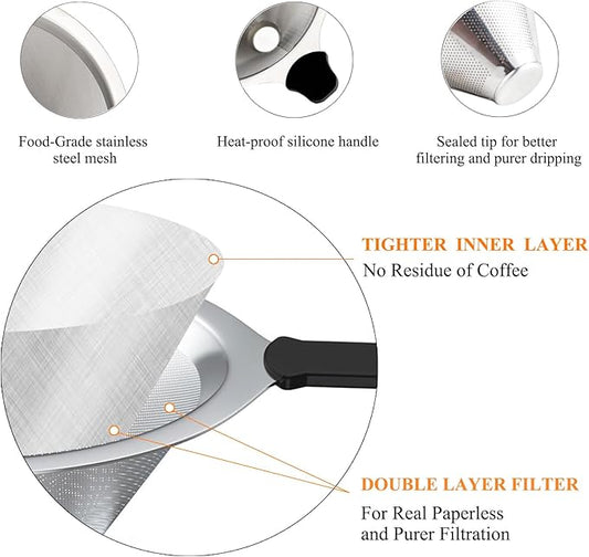 MEICHU Pour Over Coffee Filter 2PCS, Stainless Steel Coffee Filter, Paperless Reusable Cone Coffee Dripper