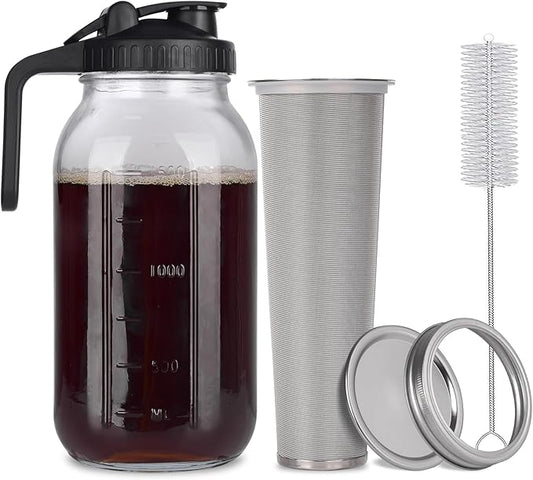 Cold Brew Mason Jar iced Coffee Maker, Durable Glass, - 64 oz (2 Quart / 1.9 Liter), With Handle& Stainless Steel Filter for Iced Brew Coffee, Lemonade, Ice Tea, Homemade Fruit Drinks Container