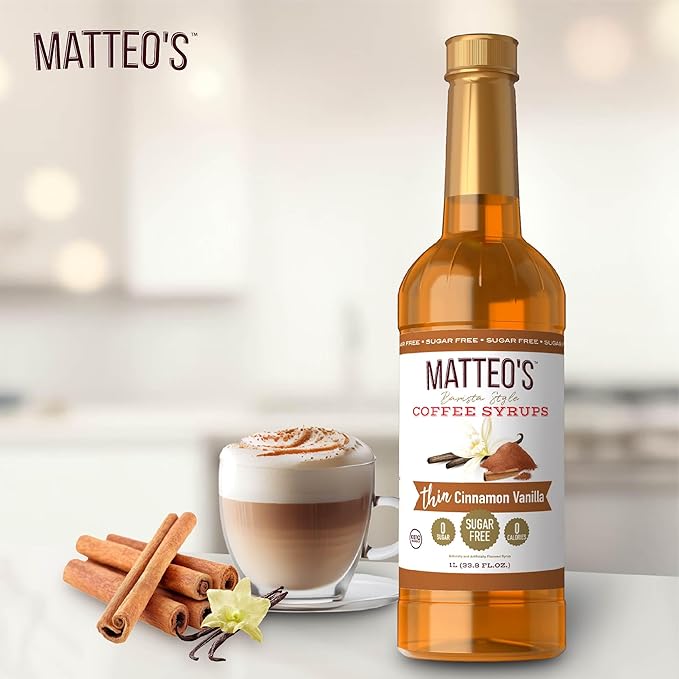 Matteo's Cinnamon Vanilla Syrup for Coffee, Lattes, Cappuccinos & Desserts – Sugar-Free Sweetener for Beverages, Keto Friendly, Zero Calories, Indulgent Flavor, Non-Alcoholic, 33.8oz (6pk)