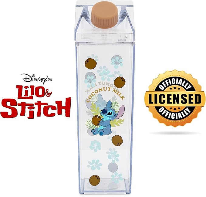 Silver Buffalo Disney Lilo and Stitch "Coconut Milk" Plastic Milk Carton Pitcher Bottle, 16.2 Ounces