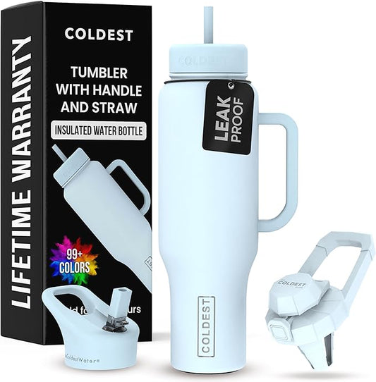 Coldest Tumbler with Handle and Straw - 100% Leak Proof Insulated Tumbler with Lid and Straw (3 Lids) - Stainless Steel Tumblers for Women & Men - Cup Holder Friendly Base, 46 oz (Morning Mist)