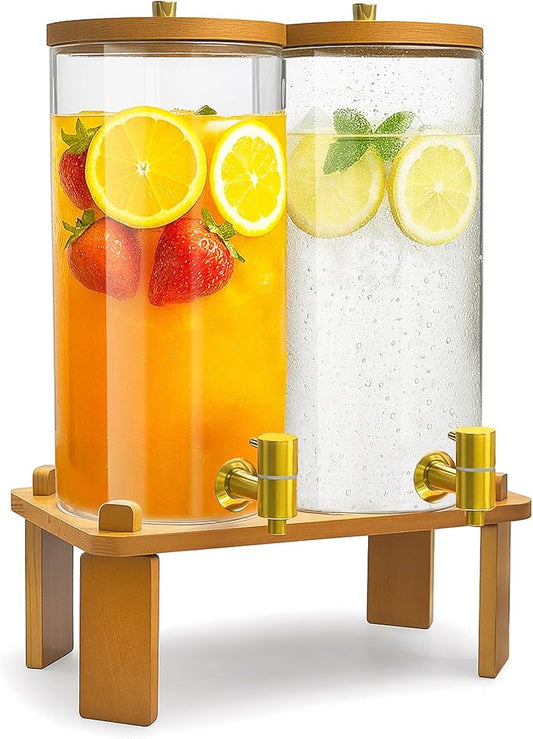 VERSSURE 2PCS Drink Dispenser, 1.5 Gallon Each Glass Beverage Dispenser with Wood Stand and Stainless Steel Faucet Ideal for Juice, Lemonade, and Tea,Large Drink Dispenser for Parties and Home Use